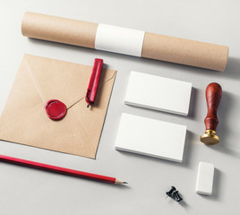 Vintage stationery set on paper background. Blank corporate identity elements. Branding template....