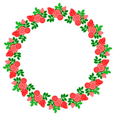 Color  round frame with decorative red roses. Copy space. Vector clip art.