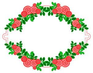 Color round frame with decorative red roses. Copy space. Vector clip art.