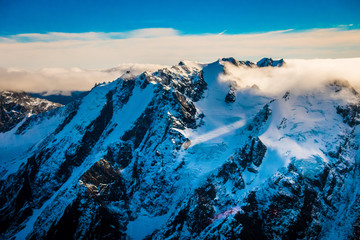 A Wide Panorama of Snowy Mountains, Southern Alps located in south island, in New Zealand