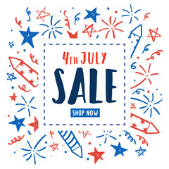 4th of July sale. Independence Day flyer. Vector hand drawn doodles. Template