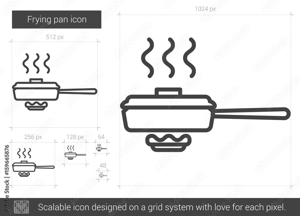 Poster frying pan vector line icon isolated on white background. frying pan line icon for infographic, webs