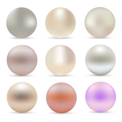 Pearl realistic set isolated on white background. Spherical beautiful 3D orb. Vector.