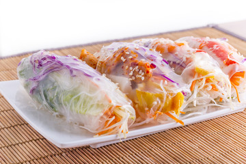 Vietnamese Spring Rolls, large variety of filled, rolled appetizers or dim sum found in East Asian...