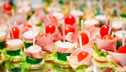 Assortment of canapes. Banquet service.