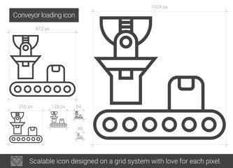 Conveyor loading vector line icon isolated on white background. Conveyor loading line icon for infographic, website or app. Scalable icon designed on a grid system.