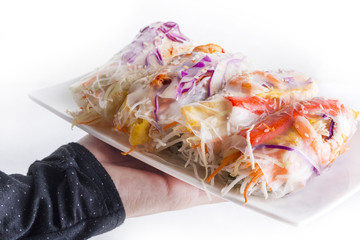 Vietnamese Spring Rolls, large variety of filled, rolled appetizers or dim sum found in East Asian and Southeast Asian cuisine