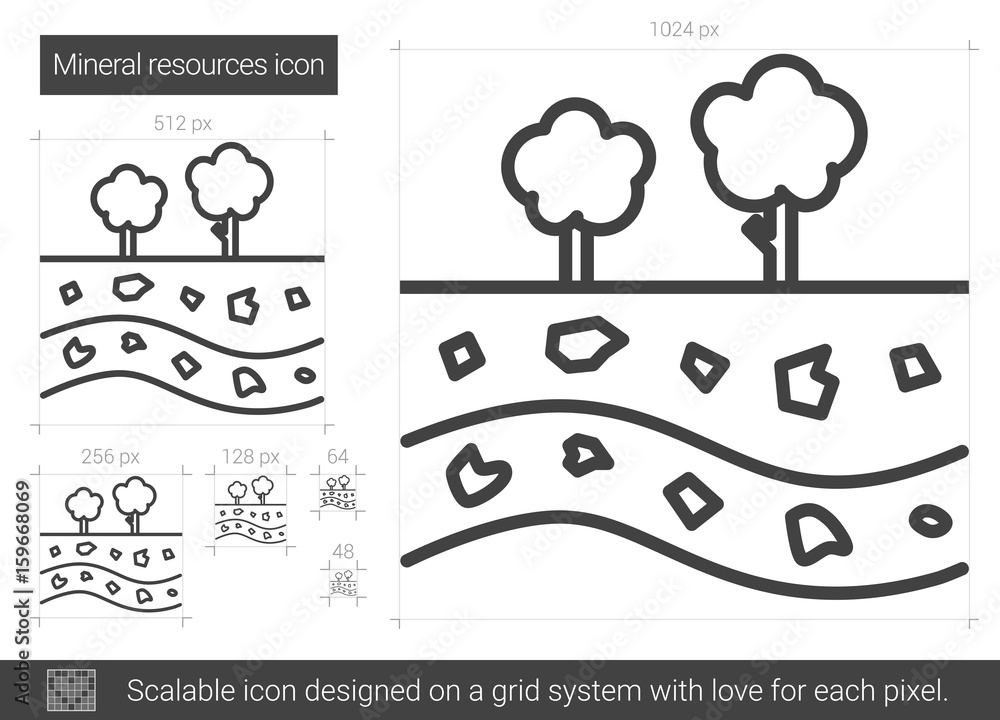Poster mineral resources vector line icon isolated on white background. mineral resources line icon for inf