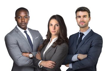 Isolated group on white, business men and women with arms folded looking confident strong, attorneys at law