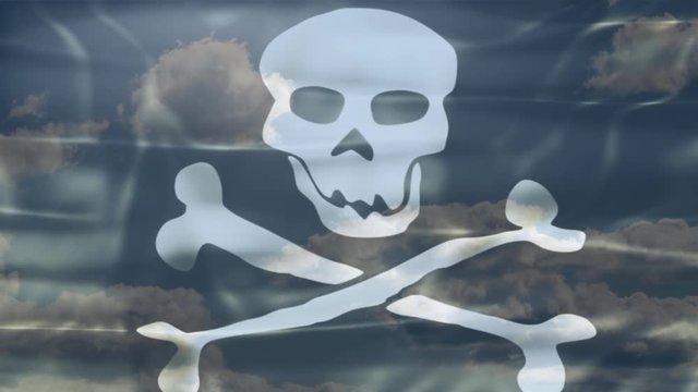 3D Pirate Flag waving, white skull and bones in blue sky time lapse.