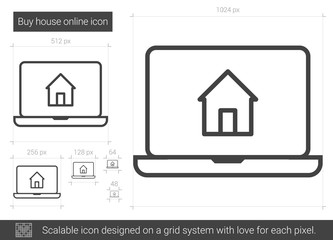 Buy house online vector line icon isolated on white background. Buy house online line icon for infographic, website or app. Scalable icon designed on a grid system.