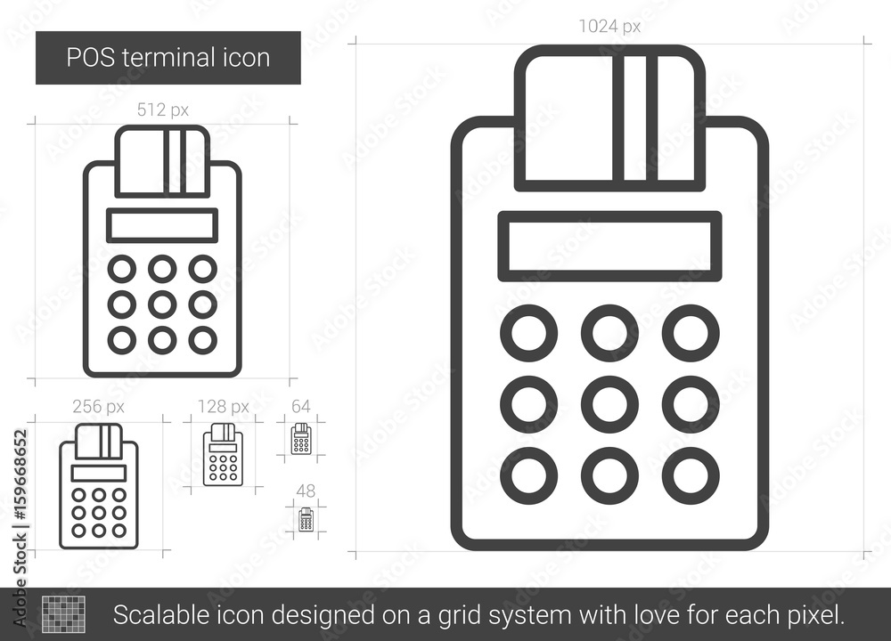 Poster pos terminal vector line icon isolated on white background. pos terminal line icon for infographic, 