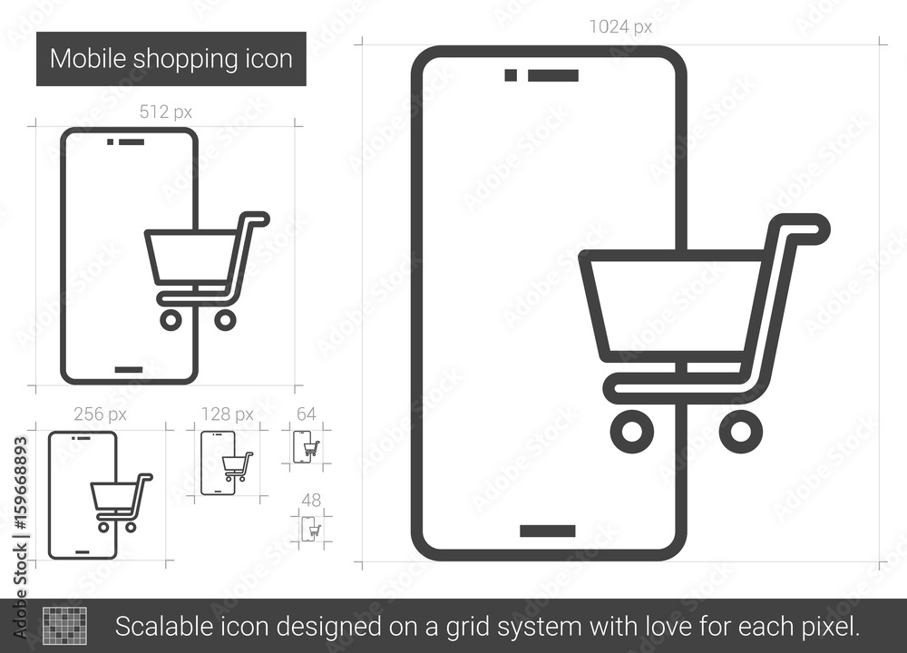 Poster mobile shopping vector line icon isolated on white background. mobile shopping line icon for infogra