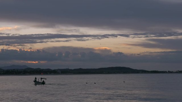 A small fishing boat sails past pelicans during sunrise or sunset