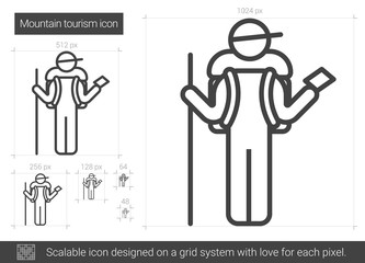 Mountain tourism line icon.