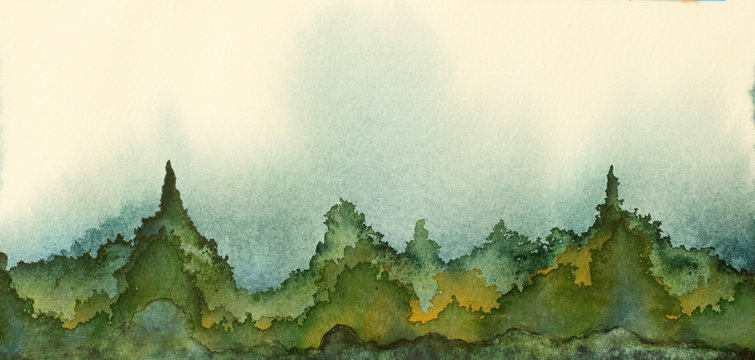 An original watercolor painting of rolling hills and mountains in green and blue.