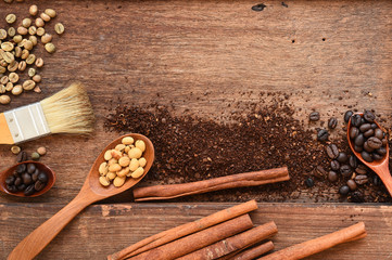 Different coffee beans in a rectangular box for background