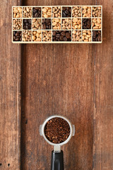 Different coffee beans in a rectangular box for background