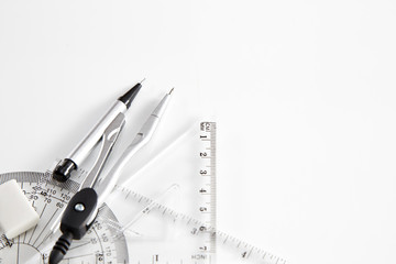 Geometry set with compass, ruler and protractor
