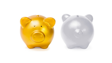 Piggy bank with silver and gold on a white background, File contains a clipping path.
