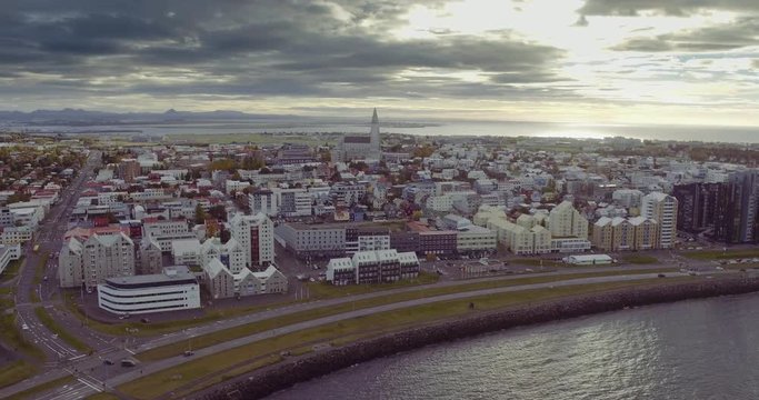 REYKJAVIK, ICELAND – SEPTEMBER 2016 : Aerial shot of central Reykjavik cityscape and ocean in view