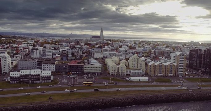 REYKJAVIK, ICELAND – SEPTEMBER 2016 : Aerial shot of central Reykjavik cityscape and ocean in view on a