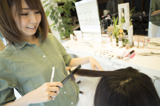 Hairdresser cuts customer's hair