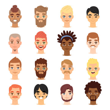Different ethnic nationality affiliation man head face vector icons.
