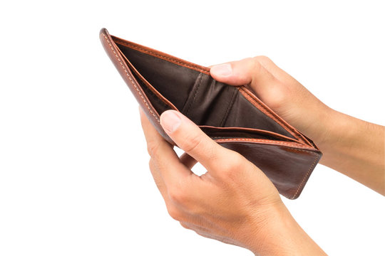 Man hand open an empty wallet isolated on white background with clipping path