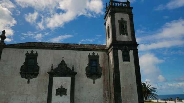 POV gimbal shot of the Ermida de Nossa Senhora Mae de Deus in Ponta Delgada, The Azores, Portugal. 