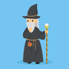 A long bearded wizard wearing hat and robe, holding a staff and bottle of potion tied to his waist