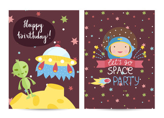 Happy birthday cartoon greeting card on space theme. Alien on moon, flying saucer, astronaut, colorful stars vector illustrations on brown background. Bright invitation on childrens costumed party