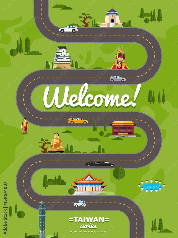 Wall mural welcome to taiwan poster with famous attractions along winding road vector illustration. travel desi