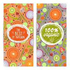 Organic products vertical flyers set vector illustration. Natural fruits and vegetables colorful background. Vegetarian organic raw food, healthy lifestyle, best quality, bio and eco nutrition concept