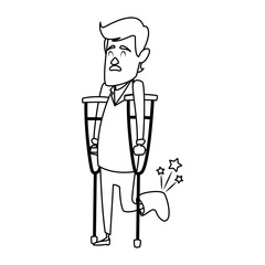 man with crutches and a medical plaster bandage on leg vector illustration