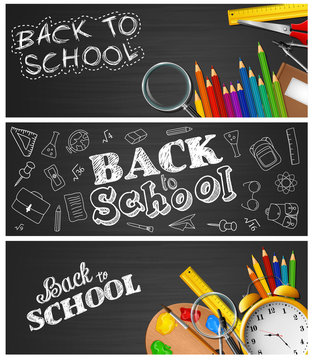 Set of three School supplies on blackboard background