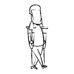 cartoon man disability walking on crutches vector illustration