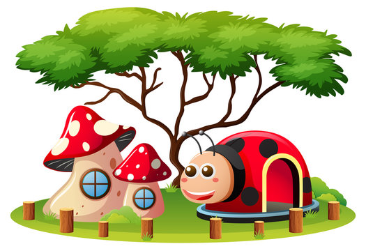 Scene with mushroom house and ladybug cave in playground