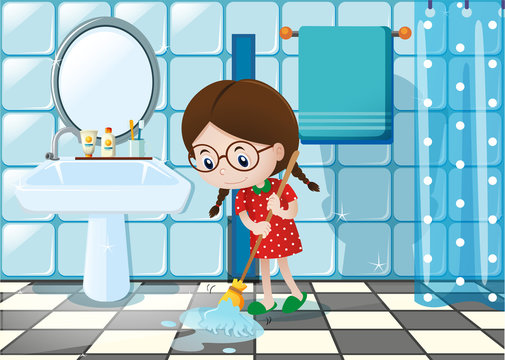 Little girl mopping wet floor in bathroom