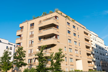 Modern brown townhouse seen in Berlin, Germany