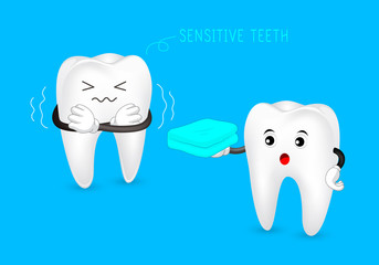 Healthy tooth give blanket to sensitive tooth. Dental care concept, illustration isolated on blue background.