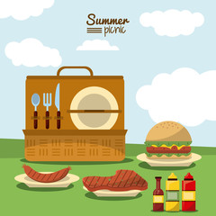 colorful poster of summer picnic with outdoor landscape and picnic basket with cutlery set and dishes with meat and sausage and hamburger vector illustration