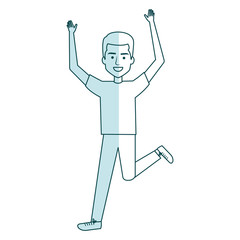 young man celebrating with hands up vector illustration design