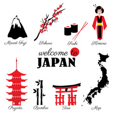 Japan landmark, symbols set sushi, Mountain Fuji, branch sakura flower, kimono, japanese pagoda, bamboo, torii, cartoon map vector illustration travel icons, decorative sign for design advertising © m_e_l