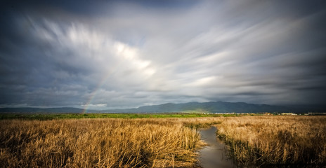 Fototapeta na wymiar Rainbow and clouds over fields 