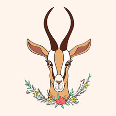 Decorative Gazelle hand drawn vector cartoon doodle colorful animal illustration, African safari antelope with curved horns and floral bouquet  isolated on light background, for design greeting card