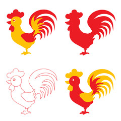 Decorative colorful rooster hand drawn vector cartoon doodle illustration, animal set isolated on white, symbol of 2017 on the Chinese calendar, Silhouette of red cock, Character design for New Year