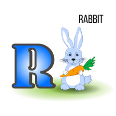 Cute Zoo alphabet R with cartoon rabbit, kid farmer animal vector funny illustration isolated on backdrop, Education for children, preschool, ABC poster for learn to read, character design, mascot