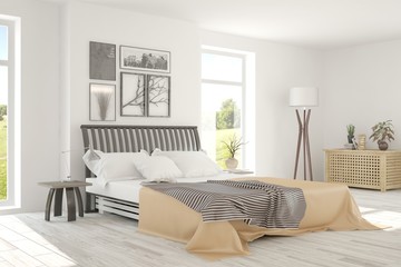 White bedroom with green landscape in window. Scandinavian interior design. 3D illustration