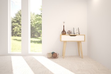 White room with shelf and green landscape in window. Scandinavian interior design. 3D illustration